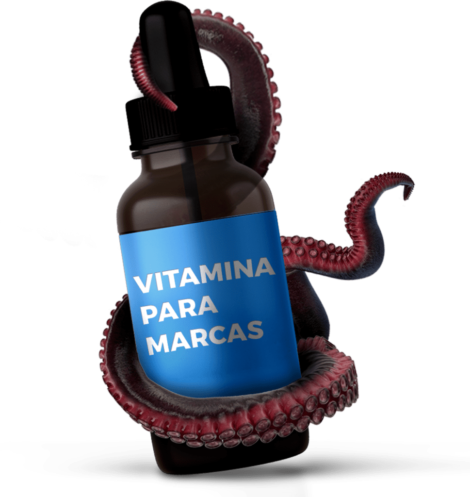 Botella de cuentagotas de medicina rodeada con un tentáculo y en la etiqueta se lee "vitamina para marcas" diseño de marcas y diseño de logos